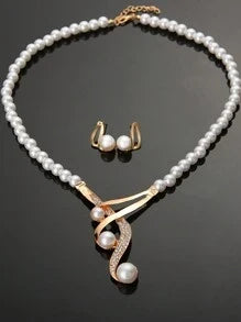 Shein - 3pcs/set Simple & Elegant Geometric Design Pearl & Cubic Zirconia Necklace Earrings Set