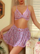 Shein - Florallove 3pcs/set Printed Mesh Bow Women's Wireless Bra And Panties Set