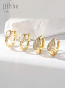 Shein - 2pcs European And American Style Geometric Waterdrop & Round Cubic Zirconia Earrings