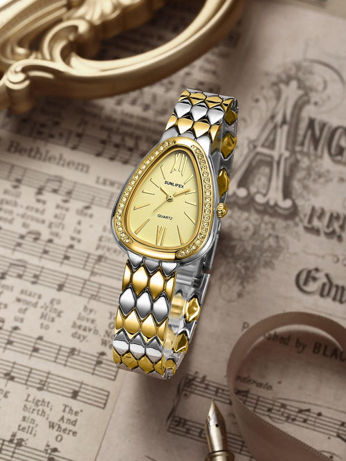 Shein - Fashionable Snake-shaped Oval Quartz Wristwatch With Rhinestones, Stainless Steel Strap For Women