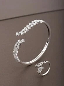 Shein - 1pc Luxury Geometric Cubic Zirconia Inlaid Bangle Ring Set Silver