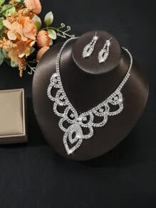 Shein - 1pair Eye Design Earrings, Rhinestone Inlaid Lace Pendant Necklace, Luxurious Multi-row Diamond Bridal Jewelry Set