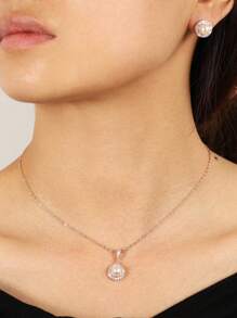 Shein - Pcs/pack Elegant Copper Pearl Round Necklace And Earrings Set Gold