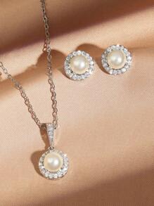 Shein - Pcs/pack Elegant Copper Pearl Round Necklace And Earrings Set Silver