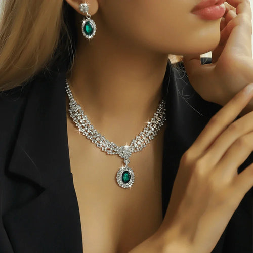 Shein - 1set Elegant Inlaid Rhinestones Earrings Necklace Set Green