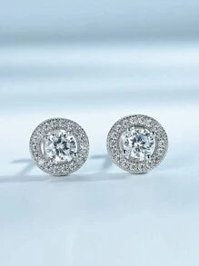 Shein - 1pair Simple And Elegant 925 Silver Circle-shaped Diamond Stud Earrings