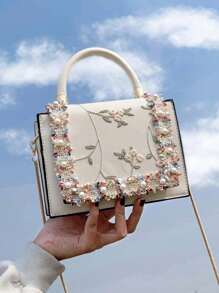Shein - Old Moeny, Waterproof,lightweight,business Casual Mini Floral Embroidered Flap Handbag