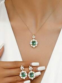 Shein - 3pcs/set Necklace & Earrings, Luxury & Fashionable Square Flower Border Pendant Design With Zirconia Stone Inlaid