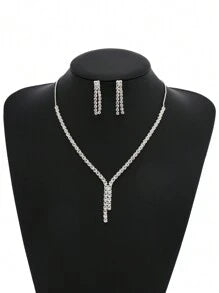Shein - 3pcs/set Exquisite Elegant Shiny Rhinestone Silver Jewelry Set