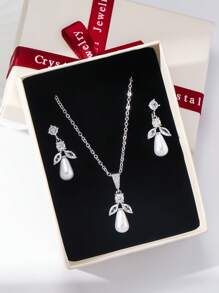 Shein - 3pcs/gift Box Gold Pearl Cubic Zirconia Jewelry Set