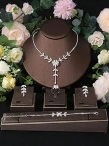 Shein - 5pcs Luxury Bridal Jewelry Set With Zirconia Necklace, Ring, Bracelet, And Earrings
