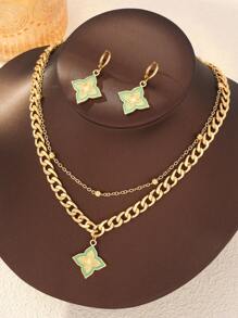 Shein - Women's 3pcs/set Drip Oil Four Leaf Clover Earrings, Multi-layer Pearls And Chain Elegant Set Blu Green