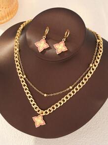 Shein - Women's 3pcs/set Drip Oil Four Leaf Clover Earrings, Multi-layer Pearls And Chain Elegant Set Pink
