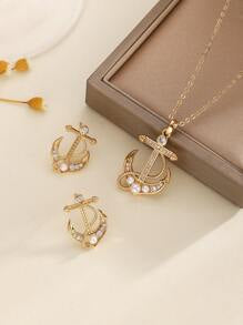 Shein - European And American Navy Style Pearl Anchor Copper Micro-set Zirconia Earrings And Necklace Set