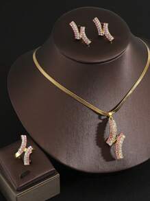 Shein - 4pcs/set Luxury Ecg Cubic Zirconia Micropaved Shiny Pendant Necklace + Earrings + Ring Set