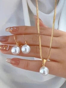 Shein - 3pcs Simple & Elegant Copper & Faux Pearl Necklace Earrings Set For Women,
