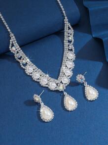 Shein - Korean Bride Wedding Necklace Set, Fashionable Copper Three-piece Jewelry Set