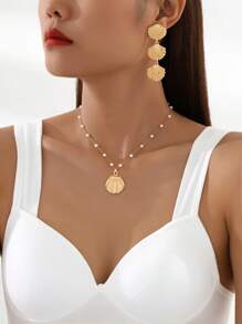 Shein - 1set Gorgeous Fashionable Ocean Shell Long Earrings, Pearl & Shell Pendant Necklace Women's Jewelry Set
