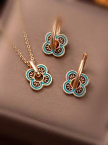 Shein - 3pcs Chinese-style Blue Enamel Everyday Jewelry Set
