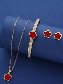 Shein - 4pcs/set Fashionable High-grade Five-petal Flower Style Copper Earrings,