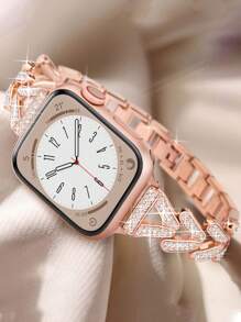 Shein - 1pc Women Fashion V-shaped Rhinestone Metal Wrist Strap Compatible With Apple Strap Accessories(only Watchband)watch