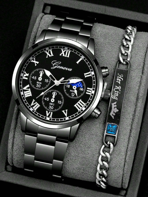 Shein - 2pcs Fashion Business Gentlemen Men's Steel Belt Quartz Watch With Bracelet Set