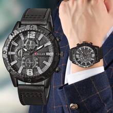 Shein - 1pc Men's Fashionable Business Style Thickened Leather Strap Quartz Watch With Bar-shaped Indices