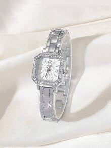 Shein - Caryino Caryino 1pc Women Square Silver Stainless Steel Watch Strap
