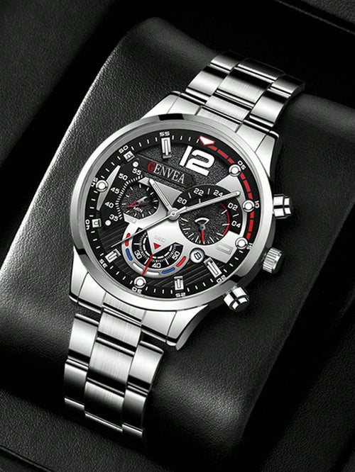 Shein - Men's Fashion Stainless Steel Strap Business Analog Quartz Wristwatch With Calendar