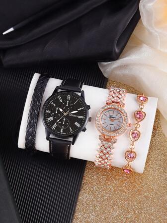 Shein - 2pcs Gift Set: 1 Couple Analog Watches With Pointer Chain Strap & 2 Bracelets