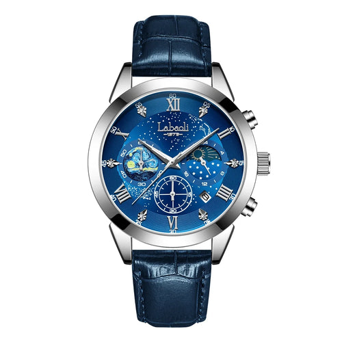 Shein - 1pc Men's Silver Tone Case Multi-color Dial Genuine Leather Band Roman Numeral Rhinestone Quartz Watch