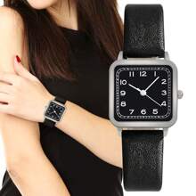 Shein - 1pc Women Square Fashion Elegant Minimalist Small Numeric Scale Leather Quartz Wrist Watch