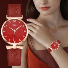 Shein - 1pc Women's Elegant Fashion Leather Strap Quartz Wrist Watch With Numeric Dial
