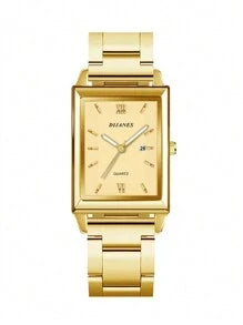 Shein - 1pc Women Watch Gold Fashionable Elegant Metal Steel Strap Square Dial Calendar Quartz Watch