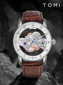 Shein - 1pc Tomi Men's Fashion Advanced Technology Hollow Gear Rhinestone Leather Quartz Watch,