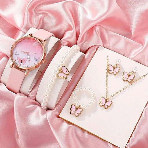 Shein - 6 Piece Set Women Fashion Quartz Watch Women Clock Pink Butterfly Dial Luxury Brand