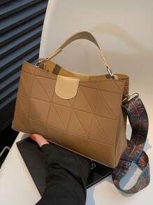 Shein - 1pc Quilted Patchwork Pu Leather High Capacity Magnetic Closure Tote Bag