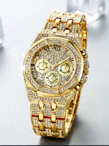 Shein - 1pc Men's Fashion Three-eye Roman Numeral Full Rhinestone Dial Quartz Watch