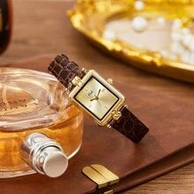 Shein - 1pc Women's Gold Color Leather Strap Fashionable Waterproof Quartz Watch