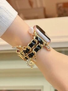 Shein - 1pc Gold Metal Flower, Butterfly, Rhinestone, Crystal, Pearl Decorated Apple Watch Band