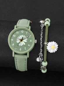 Shein - 2pcs/set Women's Fashion Floral & Numeral Dial Quartz Watch