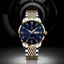 Shein - 1pc Stainless Steel Dual-tone Strap Men's Quartz Watch With Luminous Dial & Date Blue