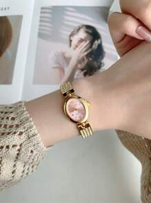 Shein - 1pc Oval Red/pink Dial Diamond Studded Fashion Watch & Bracelet Wrist Watch