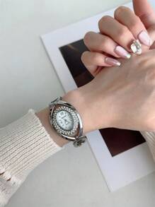 Shein - 1pc Oval Shaped Gold/silver Color Quartz Watch With Zirconia Stone Bracelet, Fashionable Wrist Watch