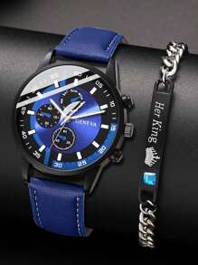 Shein - 2pcs Men's Blue Pu Leather Strap Fashionable Casual Classic Watch