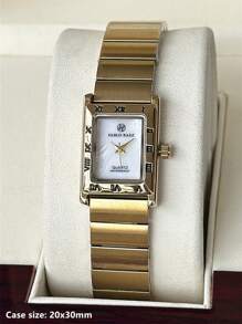 Shein - 1pc Ladies Watch 18k Gold Women Watch Luxury Rectangle Dress Watch