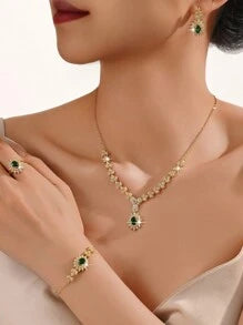 Shein - 5pcs Gold-tone Leaf Shaped Design Bridal Wedding Jewelry Set