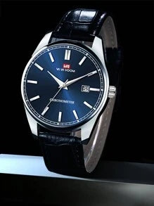 Shein - Men Watch Black Pu Strap Gradient Blue Dial Calendar Window Stylish Casual Quartz Wristwatch