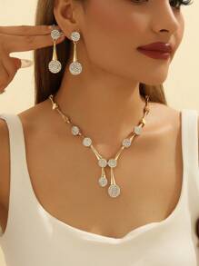 Shein - 3pcs/set Gold-tone Rhinestone Embellished Round Earrings & Necklace