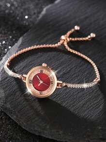 Shein - 1pc Women's Gold Bracelet Style Pull-out Strap Fashion Casual Simple Water Diamond Round Dial Quartz Watch
